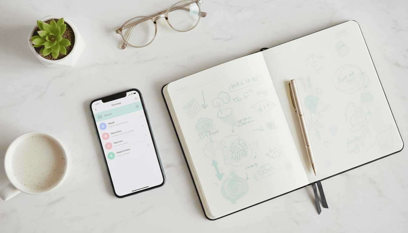 Workspace com smartphone mostrando e-mails